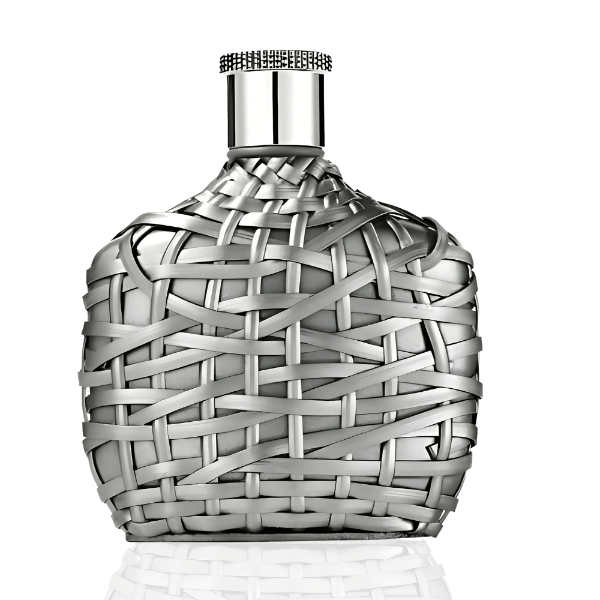 John Varvatos XX Artisan 125ml EDT in a woven silver bottle with a crown emblem, exuding a woody and citrus fragrance.