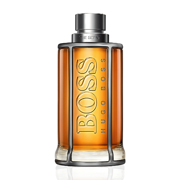 Hugo Boss The Scent 100ml EDT for men in a sleek amber bottle with silver accents.