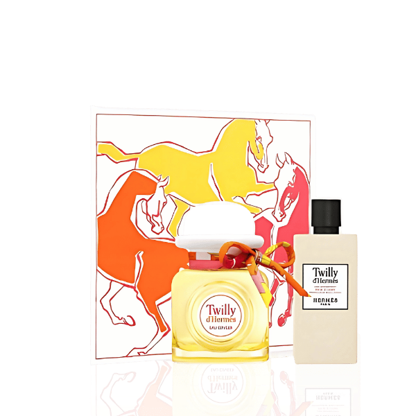 Hermès Twilly d’Hermès Eau Ginger 2-piece gift set featuring an 85ml Eau de Parfum and an 80ml body lotion in elegant packaging.