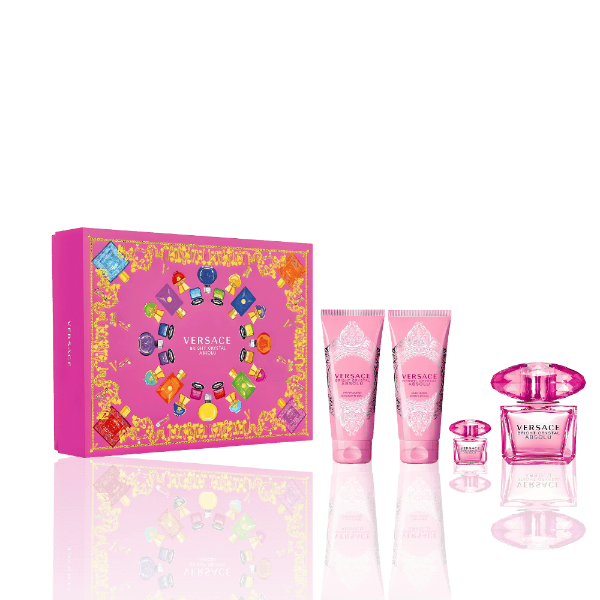 Versace Bright Crystal Absolu gift set with 90ml EDP, 100ml S/G, 100ml B/L, and pouch