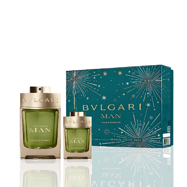 Bvlgari Man Wood Essence EDP gift set with citrus coriander opening and benzoin cedar base